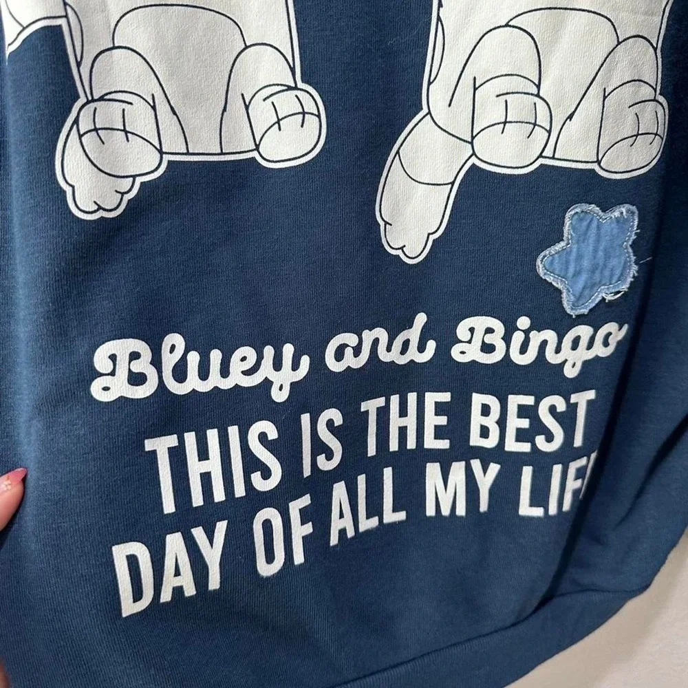 Bluey & Bingo Best Day Ever Denim Patch Graphic Sweatshirt Navy Kids Size XL